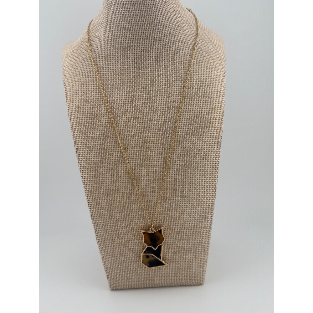 Fox Pendant Necklace Geometric Gold Tone Origami Jewelry Black Brown Resin - Picture 2 of 2